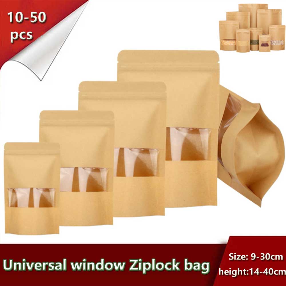 Food Like Snacks - 10-50buah kantong jendela kertas Kraft ritsleting